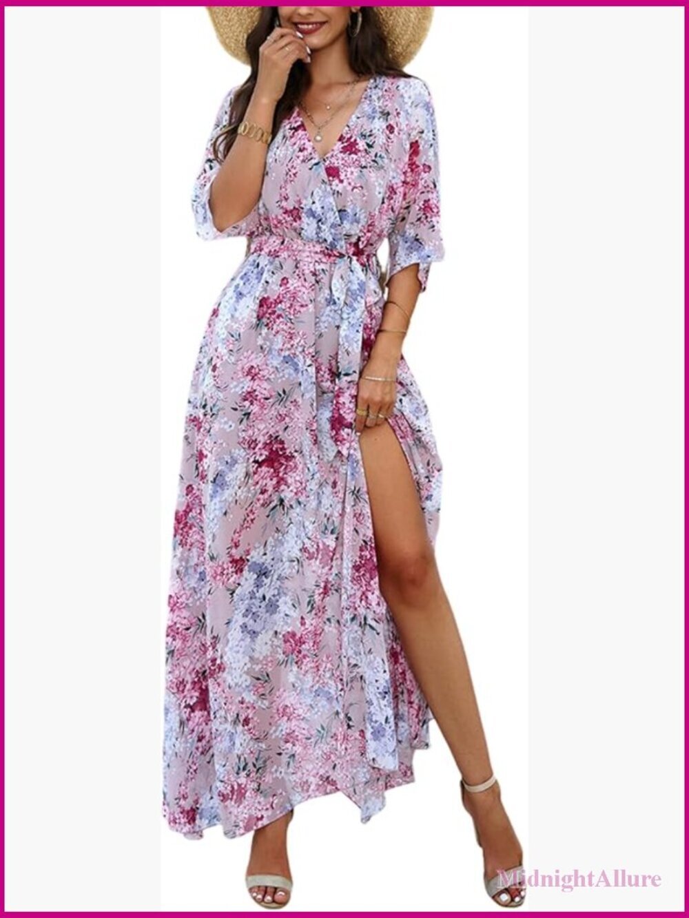 Half Sleeve Wrap V Neck Chiffon Floral Maxi Dress with Belt